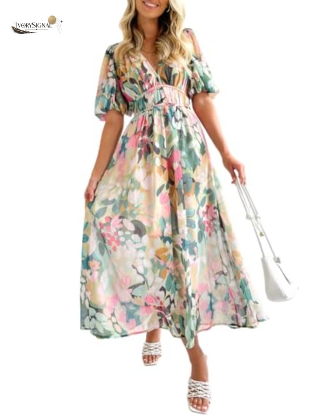 Women's Floral Maxi Dress Summer Wedding Guest V-Neck Short Sleeve